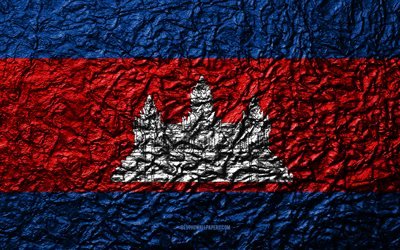 旗のカンボジア, 4k, 石質感, 波質感, カンボジア国旗, 国立シンボル, カンボジア, アジア, 石背景