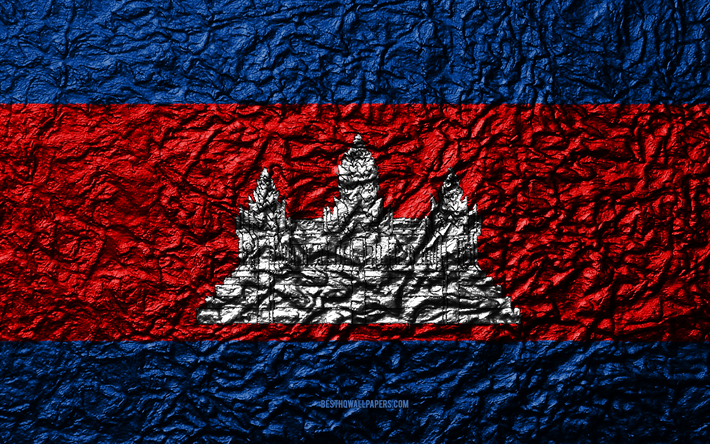 Bandiera della Cambogia, 4k, pietra, texture, onde texture, Cambogia, bandiera, nazionale, simbolo, Asia, sfondo di pietra