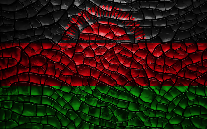 Drapeau du Malawi, 4k, terre craquel&#233;e, d&#39;Afrique, du Malawi, du drapeau, de l&#39;art 3D, le Malawi, pays d&#39;Afrique, des symboles nationaux, le Malawi 3D drapeau