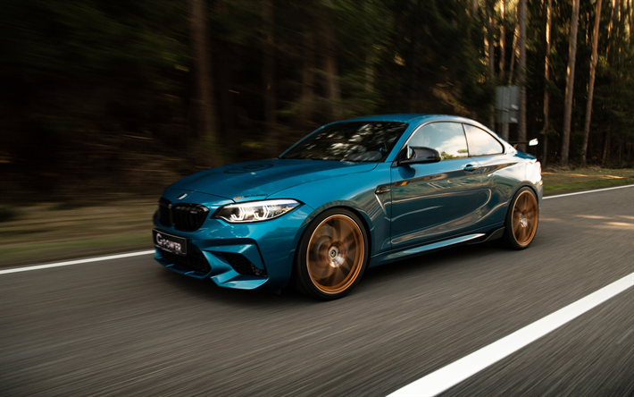 BMW M2, F87, G-Power, coup&#233; bleu, or roues, M2 tuning, voitures de sport, BMW