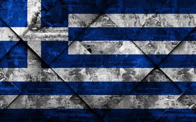 Flagga Grekland, 4k, grunge konst, rhombus grunge textur, Grekisk flagga, Europa, nationella symboler, Grekland, kreativ konst