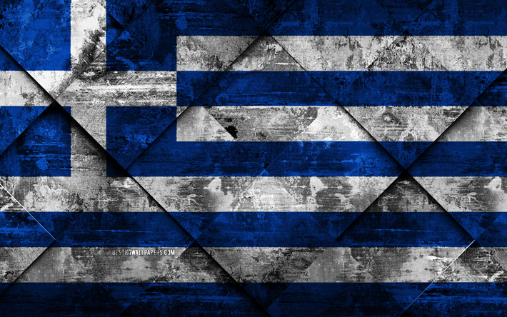 Lippu Kreikka, 4k, grunge art, rhombus grunge tekstuuri, Kreikan lippu, Euroopassa, kansalliset symbolit, Kreikka, creative art