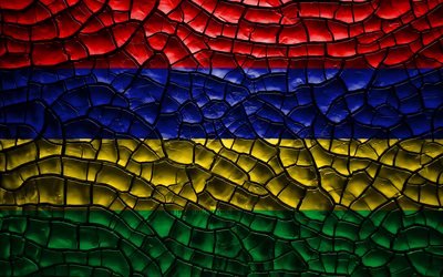Bandera de Mauricio, 4k, agrietado suelo, &#193;frica, Mauricio bandera, arte 3D, Mauricio, pa&#237;ses Africanos, los s&#237;mbolos nacionales, Mauricio 3D de la bandera