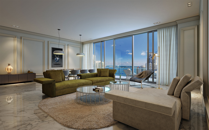 modern interior design, living room, classic style, white marble floor, stylish interior, luxury apartments
