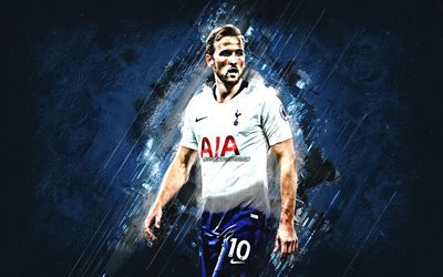 Harry Kane, Tottenham Hotspur FC, portrait, English football player, striker, blue stone background, creative art, football, Premier League