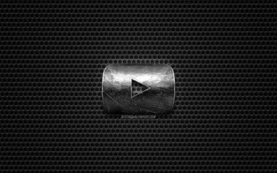YouTube-logo, ter&#228;s kiillotettu logo, YouTube-tunnus, merkkej&#228;, metalli mesh rakenne, musta metalli tausta, YouTube