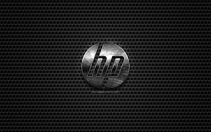 HP logo, steel polished logo, Hewlett-Packard, HP emblem, brands, metal mesh texture, black metal background
