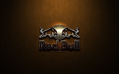 Red Bull brillo logotipo, creativo, bronce, metal de fondo, el logo de Red Bull, marcas, Red Bull