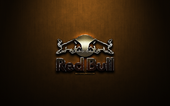 Red Bull glitter logo, yaratıcı, Bronz metal arka plan, Red Bull logo, marka, Red Bull