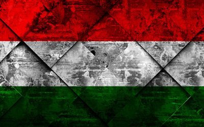 Flag of Hungary, 4k, grunge, en art, en losange grunge texture, Hungarian drapeau, Europe, symbole national, Hungary, creative art
