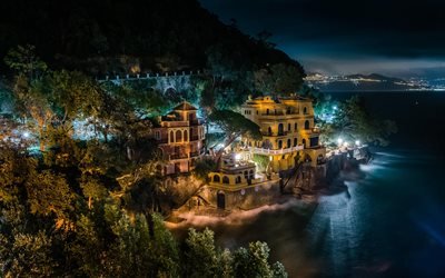 Portofino, la noche, el Mar Mediterr&#225;neo, la costa, el verano, las ciudades de italia, Liguria, Italia, Europa