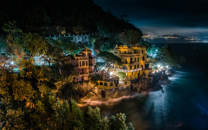 Portofino, noite, Mar Mediterr&#226;neo, costa, ver&#227;o, cidades italianas, Lig&#250;ria, It&#225;lia, Europa