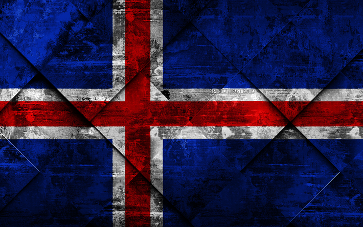 Drapeau de l&#39;Islande, 4k, grunge de l&#39;art, le losange grunge texture, Islandais, drapeau, Europe, symboles nationaux, l&#39;Islande, l&#39;art cr&#233;atif