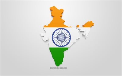 3d-flagge von indien, landkarte silhouette von indien, 3d-kunst, indische flagge, asien, indien, geographie, indien 3d-silhouette