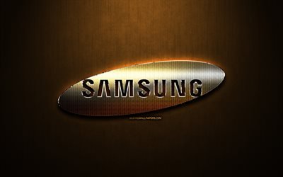 Samsung glitter logo, yaratıcı, Bronz metal arka plan, Samsung logo, marka, Samsung
