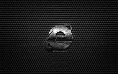 Logotipo de Internet Explorer, de acero pulido, logotipo, es decir, emblema, marcas de f&#225;brica, malla de metal textura, negro metal de fondo, Internet Explorer