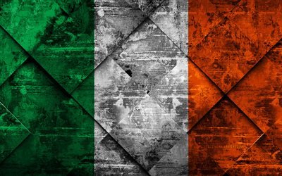 Flag of Ireland, 4k, grunge art, rhombus grunge texture, Irish flag, Europe, national symbols, Ireland, creative art