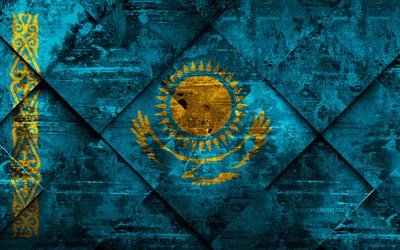 Lipun Kazakstan, 4k, grunge art, rhombus grunge tekstuuri, Kazakstanin lippu, Euroopassa, kansalliset symbolit, Kazakstan, creative art