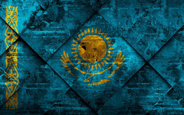 Bandeira do Cazaquist&#227;o, 4k, grunge arte, rombo textura grunge, Cazaquist&#227;o bandeira, Europa, s&#237;mbolos nacionais, Cazaquist&#227;o, arte criativa