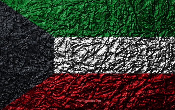 flagge von kuwait, 4k, stein, textur, wellen, fahne, national, symbol, kuwait, asien, stein hintergrund