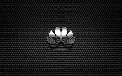 huawei-logo, edelstahl poliert, logo, huawei emblem, marken -, metall-mesh-textur, schwarz, metall, hintergrund, huawei
