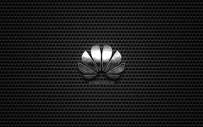 Huawei logo, ter&#228;s kiillotettu logo, Huawei tunnus, merkkej&#228;, metalli mesh rakenne, musta metalli tausta, Huawei