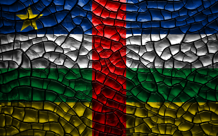 Flag of Central African Republic, 4k, cracked soil, Africa, CAR flag, 3D art, Central African Republic, African countries, national symbols, Central African Republic 3D flag