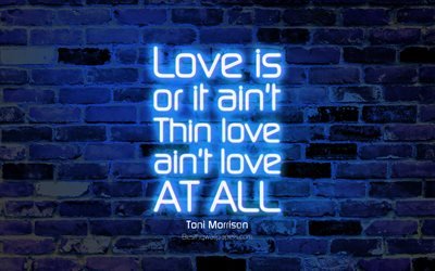 El amor es o no es Delgada amor no es amor en absoluto, 4k, violeta pared de ladrillo, Toni Morrison Comillas, texto de ne&#243;n, de inspiraci&#243;n, de Toni Morrison, citas sobre el amor