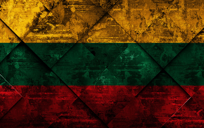 Litauens flagga, 4k, grunge konst, rhombus grunge textur, Europa, nationella symboler, Litauen, kreativ konst