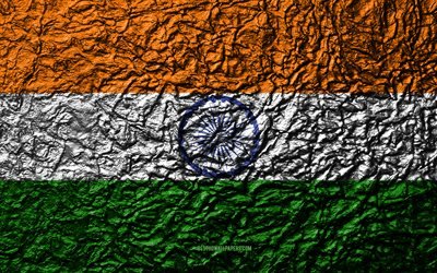 Flag of India, 4k, stone texture, waves texture, Indian flag, national symbol, India, Asia, stone background