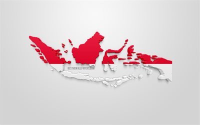3d, bandiera dell&#39;Indonesia, la mappa per silhouette dell&#39;Indonesia, arte, bandiera Indonesia, Asia, Indonesia, geografia, Indonesia silhouette 3d