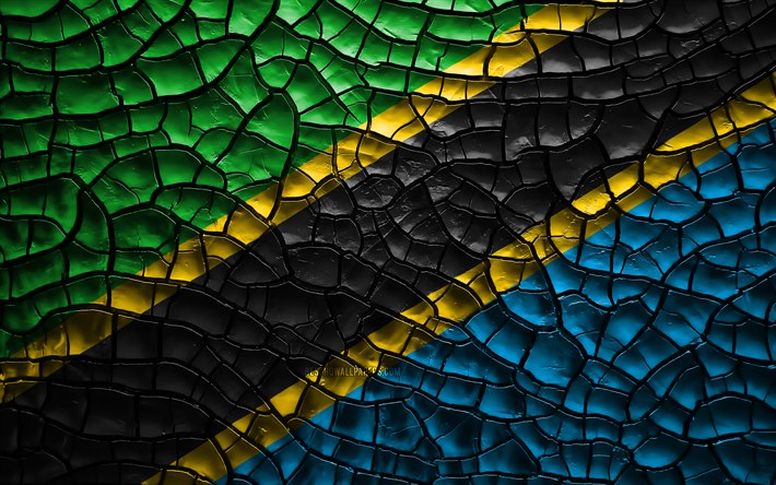 Bandera de Tanzania, 4k, agrietado suelo, &#193;frica, Tanzania bandera, arte 3D, Tanzania, pa&#237;ses Africanos, los s&#237;mbolos nacionales, Tanzania 3D de la bandera