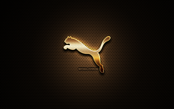 Puma glitter logo, creative, metal grid background, Puma logo, brands, Puma