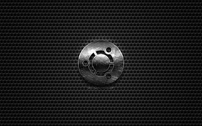 Ubuntu logo, Linux, steel polished logo, Ubuntu emblem, brands, metal mesh texture, black metal background, Ubuntu