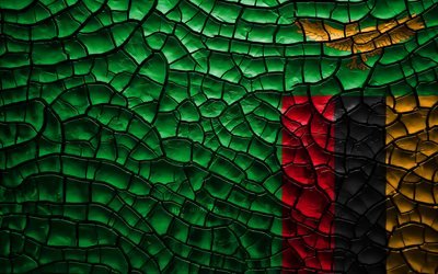 Bandera de Zambia, 4k, agrietado suelo, &#193;frica, Zambia, bandera, arte 3D, pa&#237;ses Africanos, los s&#237;mbolos nacionales, Zambia 3D de la bandera