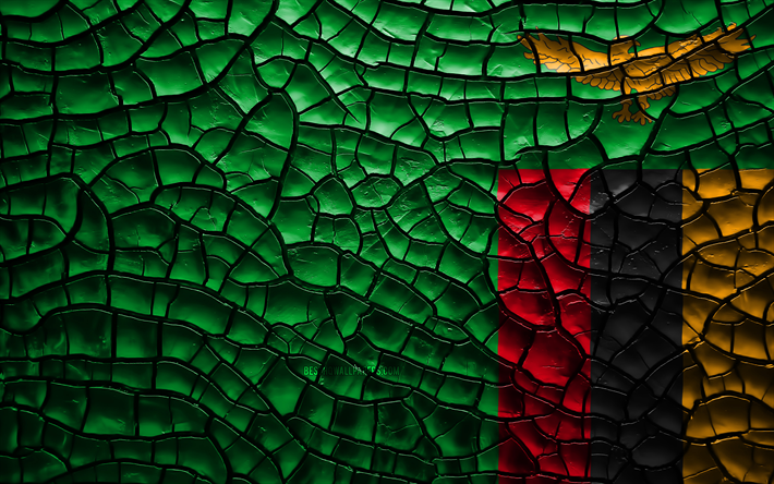 Flaggan i Zambia, 4k, sprucken jord, Afrika, Zambias flagga, 3D-konst, Zambia, Afrikanska l&#228;nder, nationella symboler, Zambia 3D-flagga