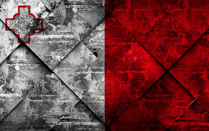 flag of malta, 4k, grunge art, rhombus grunge texture, malta flag, europe, national symbols, malta, creative art