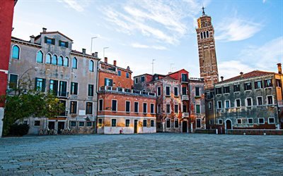 4k, Campanile of Santo Stefano, bell tower, italian landmarks, empty square, summer, Castello, Venice, Italy, Europe, italian cities
