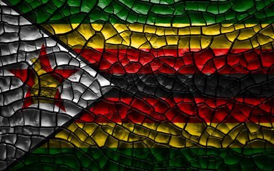 Bandera de Zimbabwe, 4k, agrietado suelo, &#193;frica, Zimbabwe bandera, arte 3D, Zimbabwe, pa&#237;ses Africanos, los s&#237;mbolos nacionales, Zimbabwe 3D de la bandera