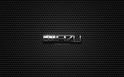 Meizu logo, steel polished logo, Meizu emblem, digital electronic devices, brands, metal mesh texture, black metal background, Meizu