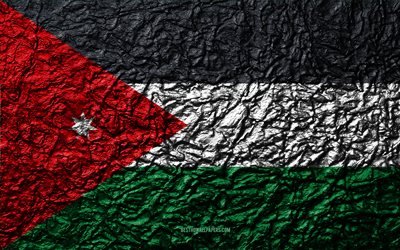 旗のヨルダン, 4k, 石質感, 波質感, ヨルダンフラグ, 国立シンボル, ヨルダン, アジア, 石背景
