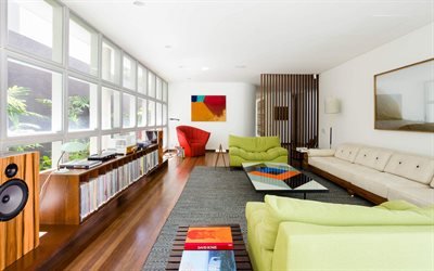 sala de estar, estilo minimalista, dise&#241;o interior moderno, creativo, los muebles, las paredes blancas de la sala de estar, piso de madera de color marr&#243;n, interior de estilo