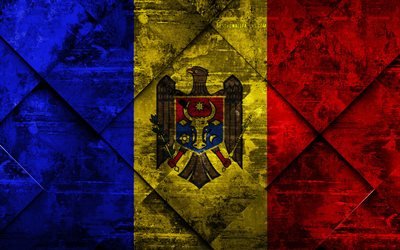 Flaggan i Moldavien, 4k, grunge konst, rhombus grunge textur, Moldaviska flagga, Europa, nationella symboler, Moldavien, kreativ konst