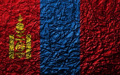 Flag of Mongolia, 4k, stone texture, waves texture, Mongolia flag, national symbol, Mongolia, Asia, stone background