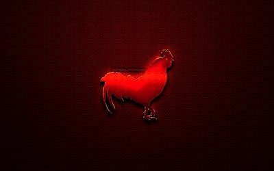 Rooster zodiac, creative, chinese zodiac metal signs, Chinese calendar, Rooster zodiac sign, chinese zodiac, animals signs, red metal grid background, Chinese Zodiac Signs, artwork, Rooster