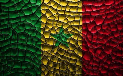 Bandera de Senegal, 4k, agrietado suelo, &#193;frica, Senegaleses bandera, arte 3D, Senegal, pa&#237;ses Africanos, los s&#237;mbolos nacionales, Senegal 3D de la bandera