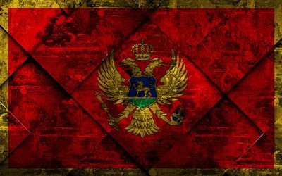 Bandeira de Montenegro, 4k, grunge arte, rombo textura grunge, Montenegro bandeira, Europa, s&#237;mbolos nacionais, Montenegro, arte criativa