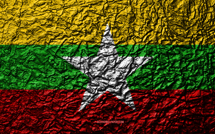Flag of Myanmar, 4k, stone texture, waves texture, Myanmar flag, national symbol, Myanmar, Asia, stone background