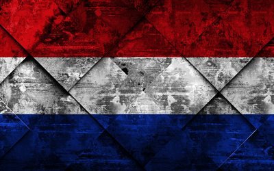 Flagg Nederl&#228;nderna, 4k, grunge konst, rhombus grunge textur, Nederl&#228;nderna flagga, Europa, nationella symboler, Nederl&#228;nderna, kreativ konst