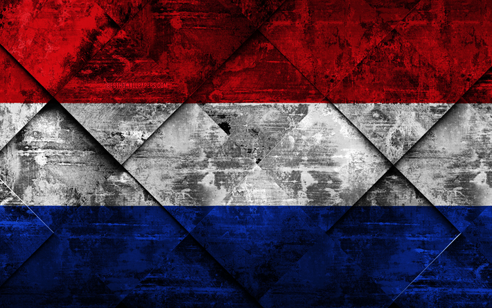 Lippu Alankomaat, 4k, grunge art, rhombus grunge tekstuuri, Alankomaat lippu, Euroopassa, kansalliset symbolit, Alankomaat, creative art